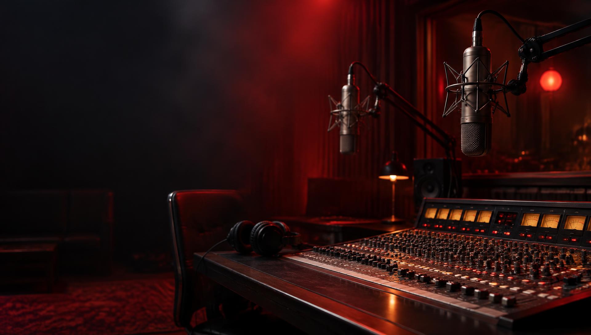 Studio Radio Islam Indonesia dengan mikrofon dan meja siaran